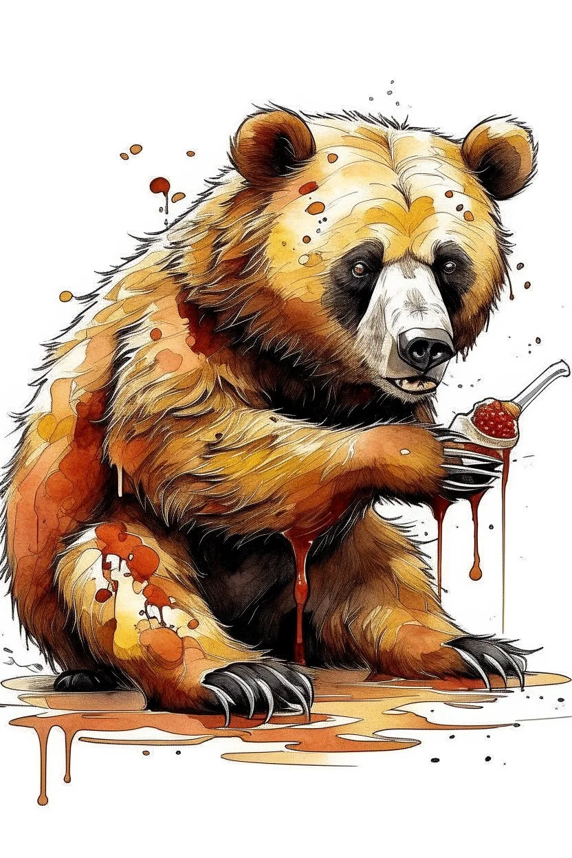 a bear eating honey with blood