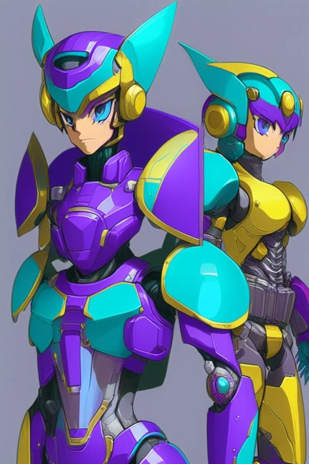 One Genderless Cyborg made of metal, has a human like face with a really long violet ponytail, the cybord is wearing armor similar to Megaman. The color palatte of the armour is deep purple and yellow. The Cyborg is not wearing a Helmet, and has Turquoise colured eyes.