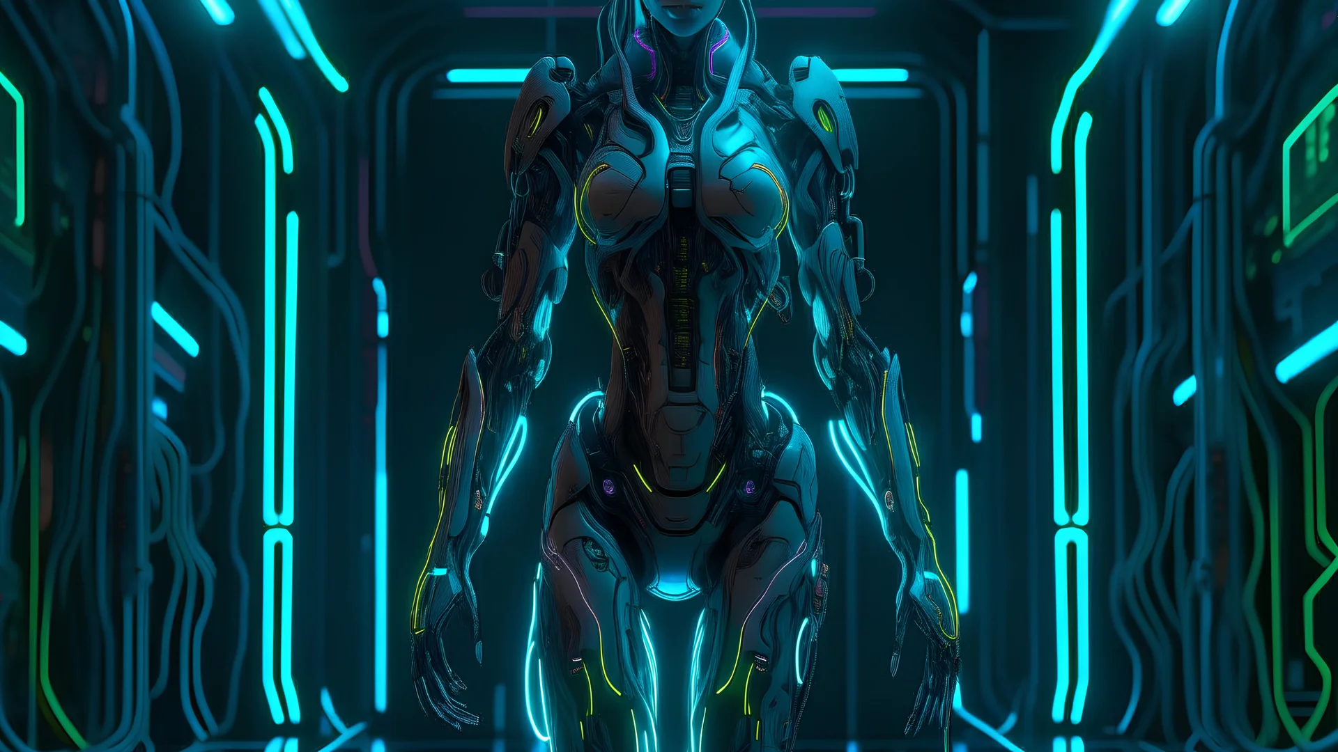 full body cyborg girl, futuristic aesthetic, blend of human and machine, realistic skin texture, mechanical limbs with elegant design, high-tech armor, neon circuit patterns, ((cyberpunk vibes)), illuminated by moody neon lighting, ultra detailed, ((4K resolution)), digital art, concept art, ((top-tier CGI quality)), art by ((Ian McQue)) and ((Masamune Shirow)), ((dynamic pose)), ((intricate detailing)), ((visually striking)), ((professional-grade color grading))