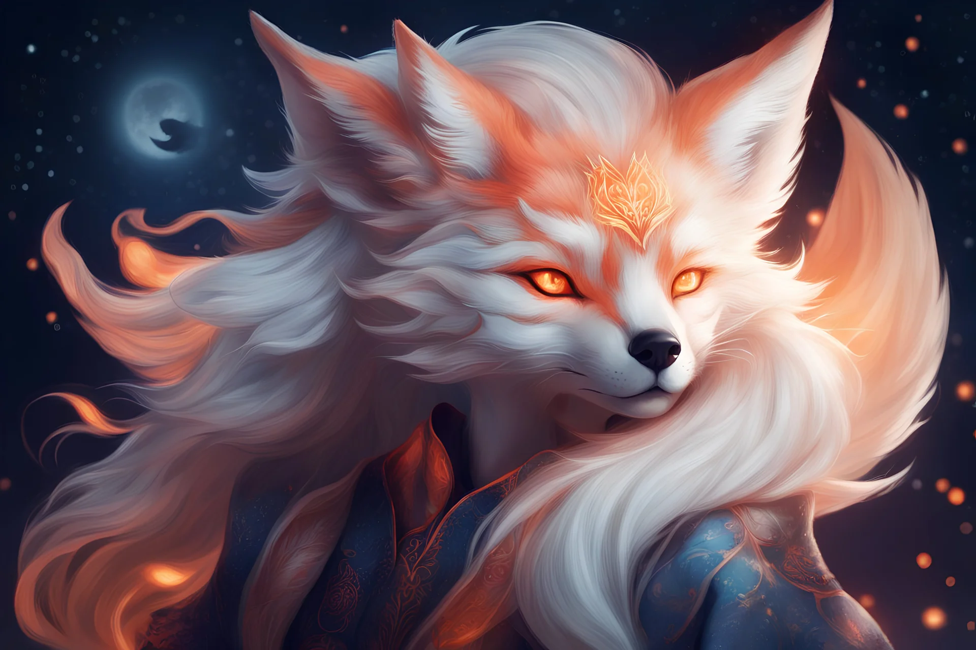 fantasy kitsune with human face at night