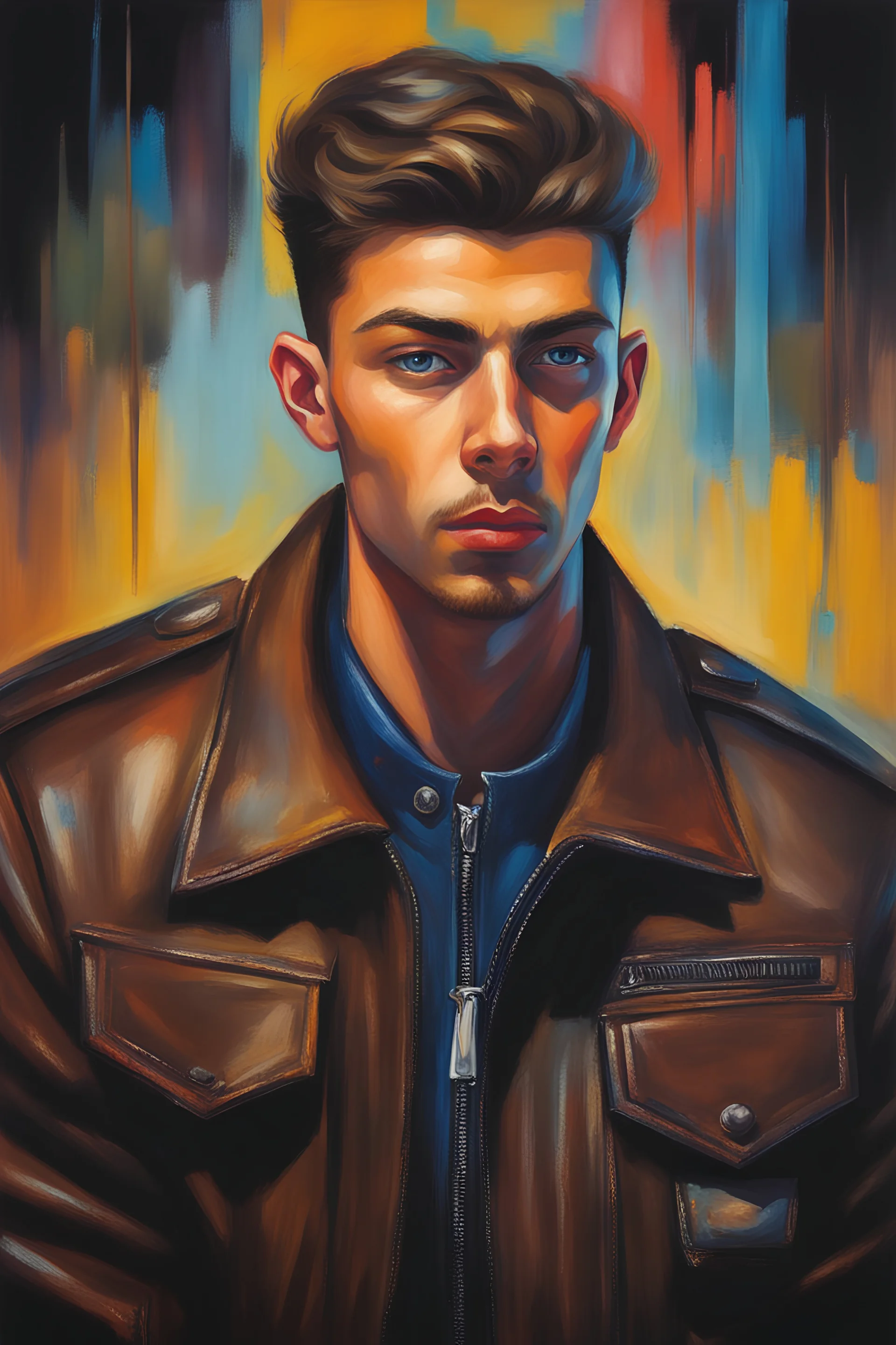 18-year-old Elvin P. Resley with crew-cut dark brown hair tapered on the sides, bangs over the forehead, goatee, bushy eyebrows, blue eyes, wearing a leather jacket - resembles Elvis Presley, pitch black background with an overhead spotlight effect, extremely colorful, oil painting by Gerald Brom