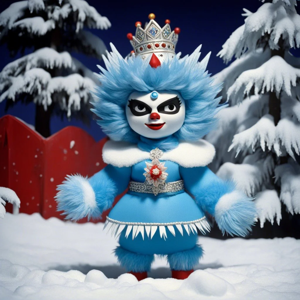 [1960’s stop-motion animation style of Reina del Invierno in Mexico] a 70s advertisement video TV featuring Demonstrating her growing power as Queen of Winter, La Abominable crystallizes the very air around her, challenging any luchadora to defeat her in the ring; as a claymation character toy from a claymation horror movie in burning rainbow land, from hell, creepy Videos, strange creatures everywhere , as old advertisement shot on video VHS