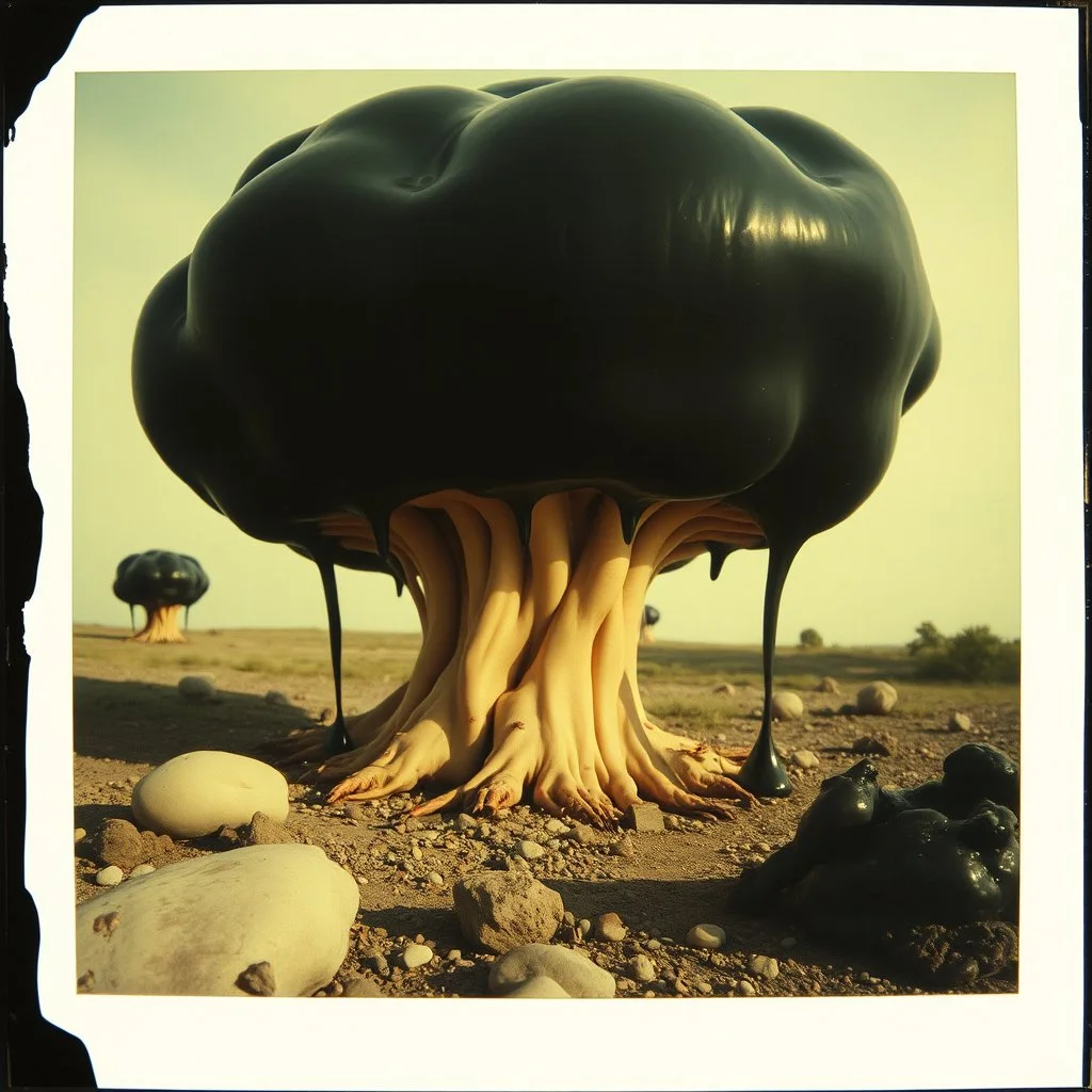 Photography polaroid close-up of a random landscape with massive odd Yves Tanguy incomprehensible style Surrealism, glossy, organic, creepy tumor mass growing, strong texture, fiotti di liquido nero, horror, panic, obsessive, hypnotic