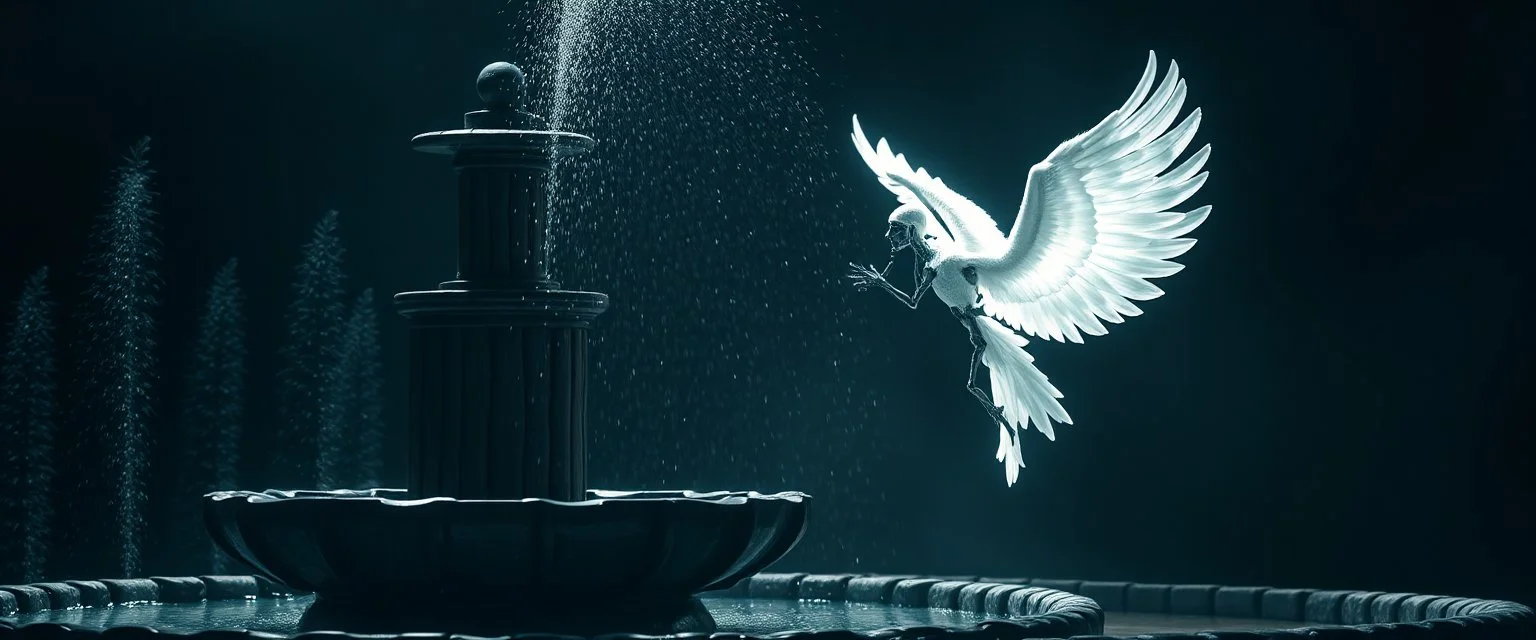 radiant white feather light mirror bounce ancient angelic wooden treant Robot by dark fountain,