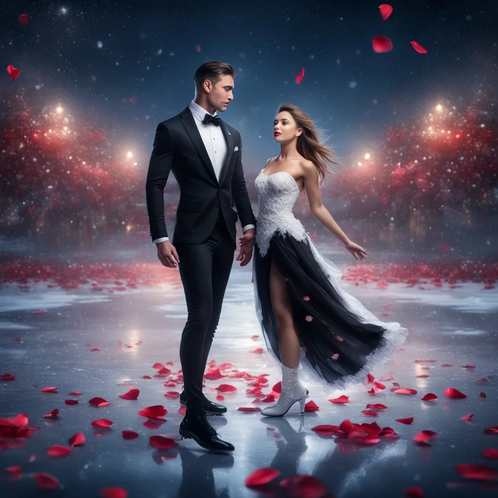 Hyper Realistic handsome muscular man in Black-Tuxedo & beautiful Girl in White-Gown ice-skate-dance on a frozen lake with dramatic environment & red-rose-petals at night