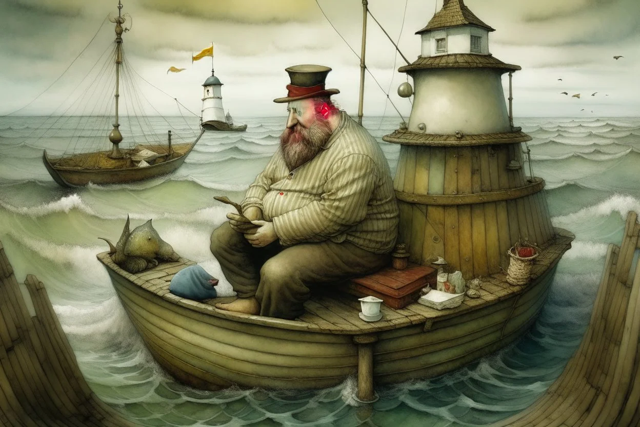 A fat man wearing a hat, is in a bath tub, by a light house, by andrea kowch, holding a umbrella, inspired by andrew wyeth. A rustic harbour, with ships docked is nearby. The Beach is covered with sea shells, crabs and lobsters.There are rain clouds and everything looks as if done in watercolors victo ngai, matisse, monet, catrin welz-stein, vladi