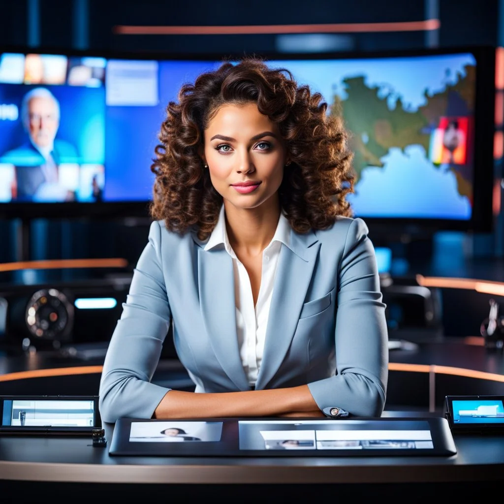 amodern tv studio a beautiful girl perfect face curly hair in official clothing sitting next to desk presenting news looking at camera, with picture of an old man in tv screen at background