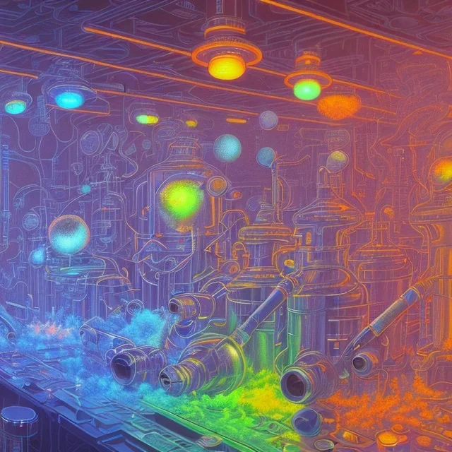 group of scientists is in the laboratory. invent new colors. smoke rises from multi-colored glassware. they are wearing overalls. color swatches in the background. hyperdetailed, orange and teal, warm colors, detailed painting, photorelistic, oil on canvas, light dust, futuristic. volumetric lighting