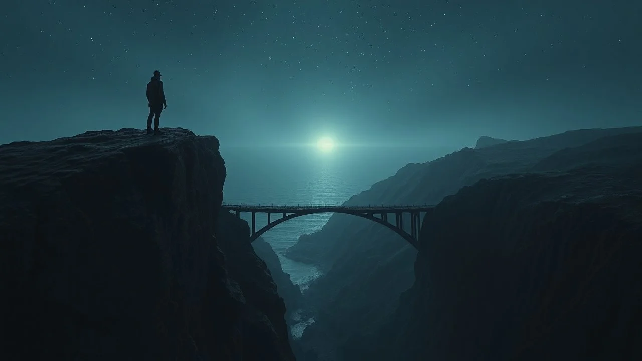 a lone figure stands on a steep cliff, below is a precipice, in front of him is the far rocky shore, between the two is an old, ragged, gaping, narrow bridge, dark, surreal, thriller, dreamlike, pale light, in the distance a faint light, hope, the figure looks up at the starry sky