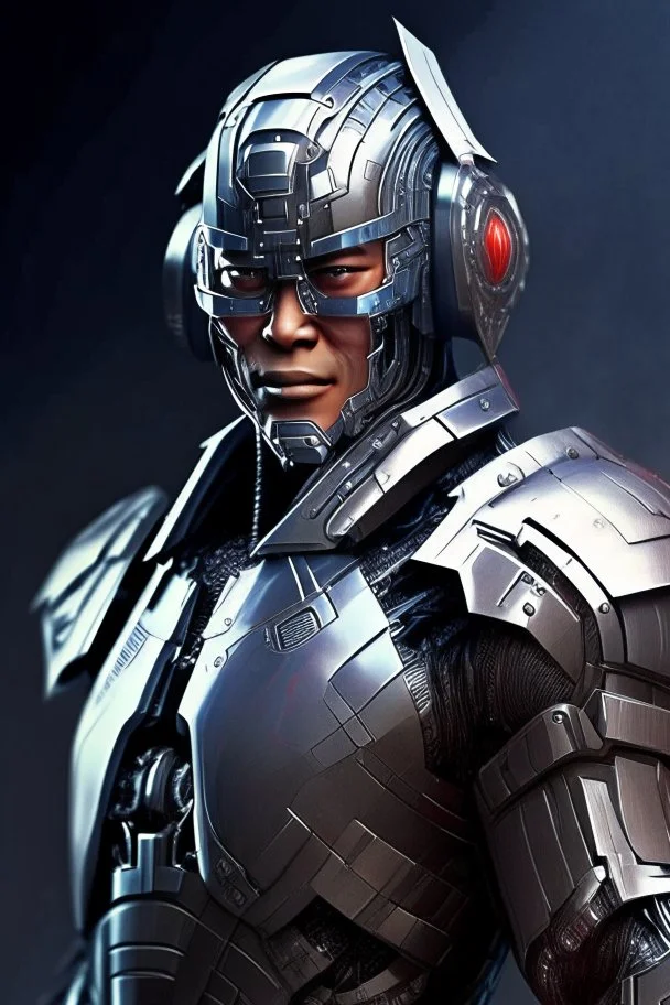 Cyborg armor with helmet on head serious face