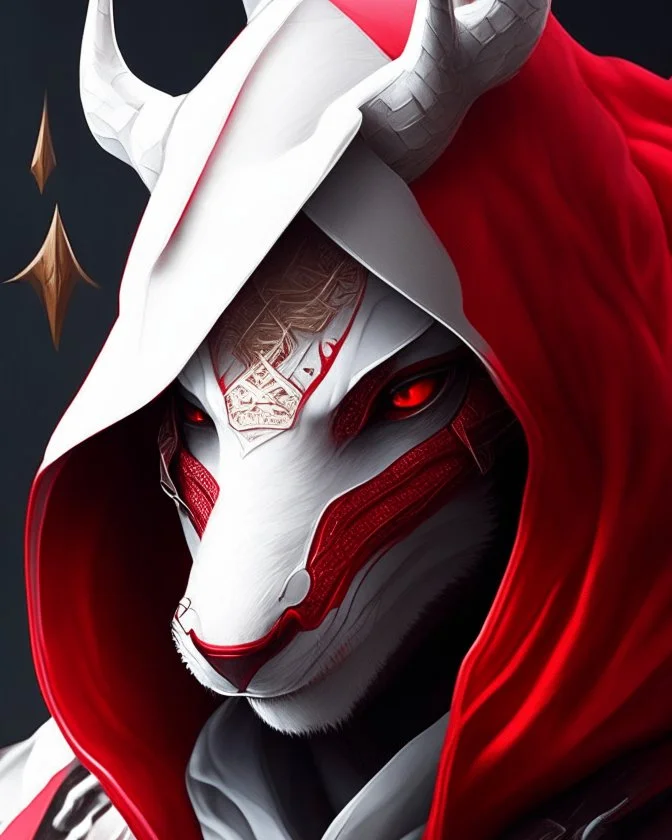 Draw an illustration with a red and white hood and a dragón mask over they eyes