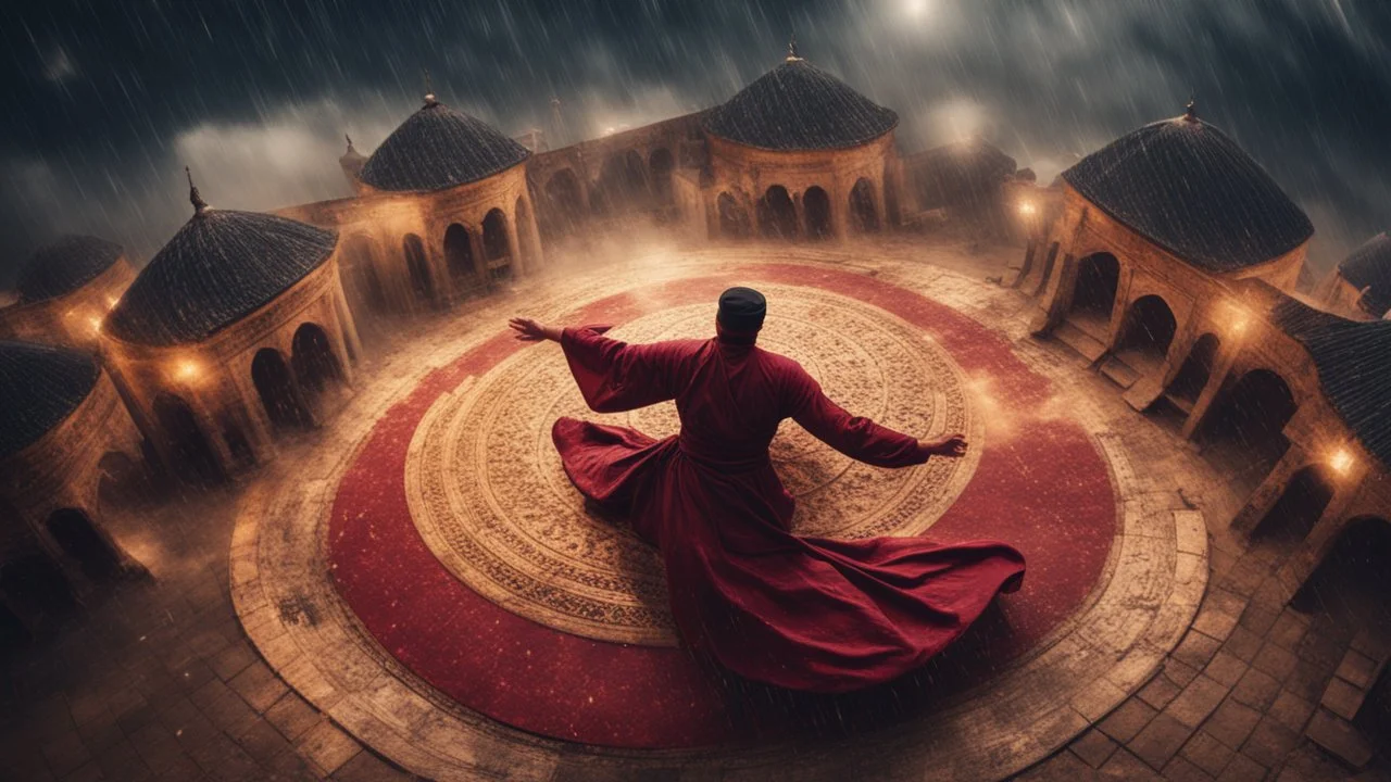 Hyper Realistic photographic-aerial-view Sufi Whirling with Golden & Maroon Islamic Sufi Rustic Grungy Background with thunderstorm at heavy rainy night outside an ancient Islamic architectural building showing dramatic & cinematic ambiance.