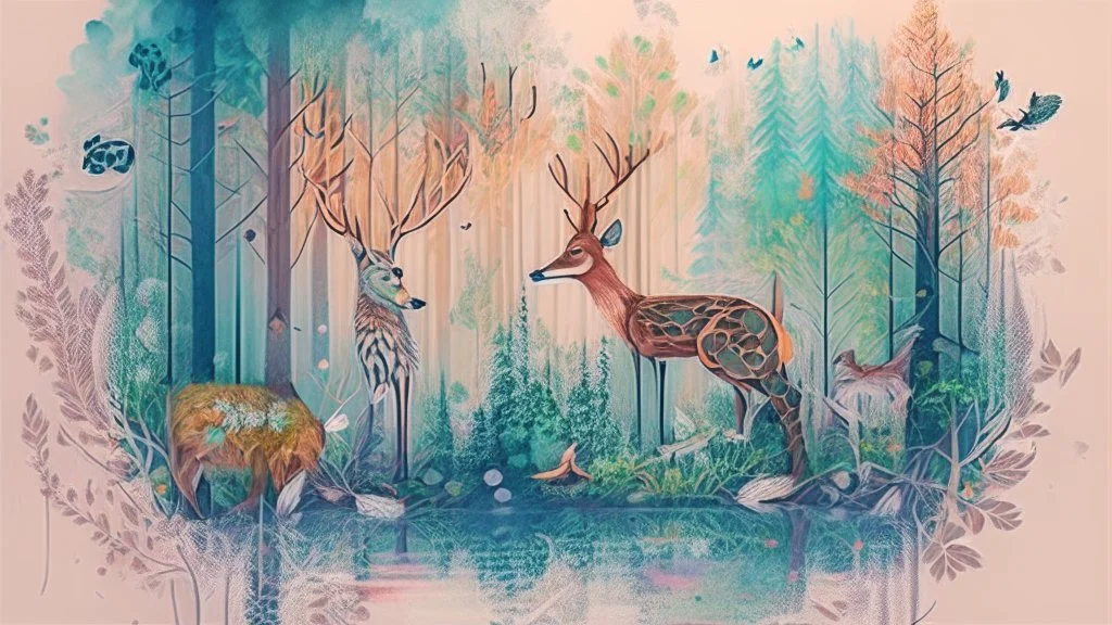 watercolor illustration, subject are forest animals, intricate details, environment is forest, simple and serene illustration, vivid colors.