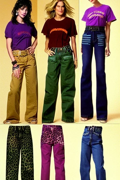 year 1996 denim fashion. Loose fit, low waist, baggy. Combat pants and t-shirt. Colors: denim blue, blue, purple, khaki, light green, lilac, plum, orange, terracotta, red, pink, dark blue, beige. Patterns: cheetah, balls, stripes. Women models. Sharon Stone, Sandra Bullock, Winona Ryder, Milla Jovovich, Big tennis shoes on. Latex in small part, areas, clothes..Combat pants. Leg warmers.