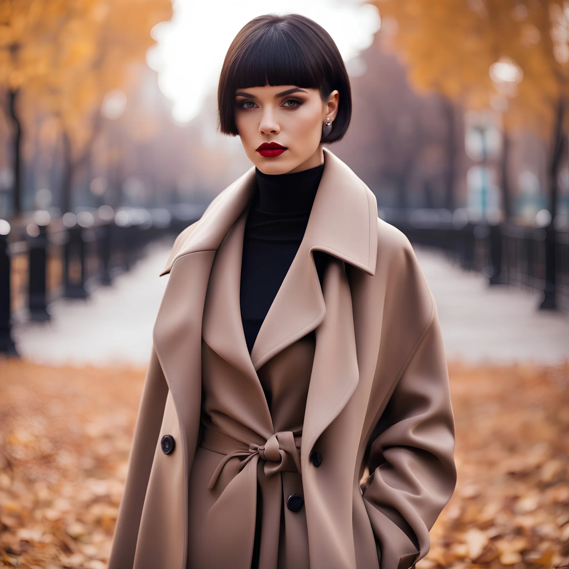 fashionable and pretty girl with dark short shiny hair, with an avant-garde haircut, in a fashionable coat, against the backdrop of a city autumn park, stylish photo, masterpiece, top class