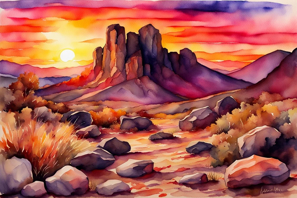 Sunset, rocks, mountains, rocky land, epic, watercolor paintings