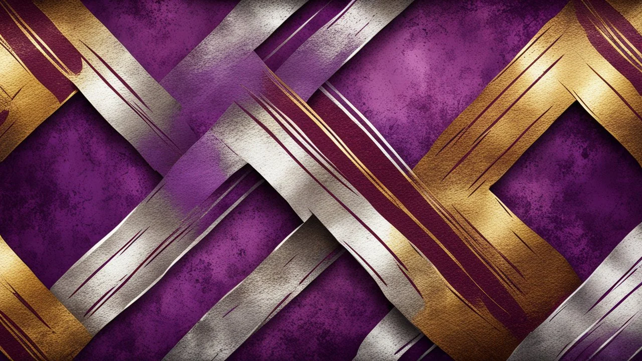 Hyper Realistic intersecting golden & silver brush strokes on a grungy rusty detailed maroon & purple patterned background with vignette effect