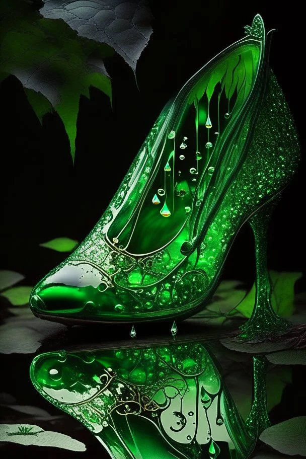 dark fantasy, intricate cover, a whimsical fairytale, translucent shoe made of green glass with drops of blood underneath