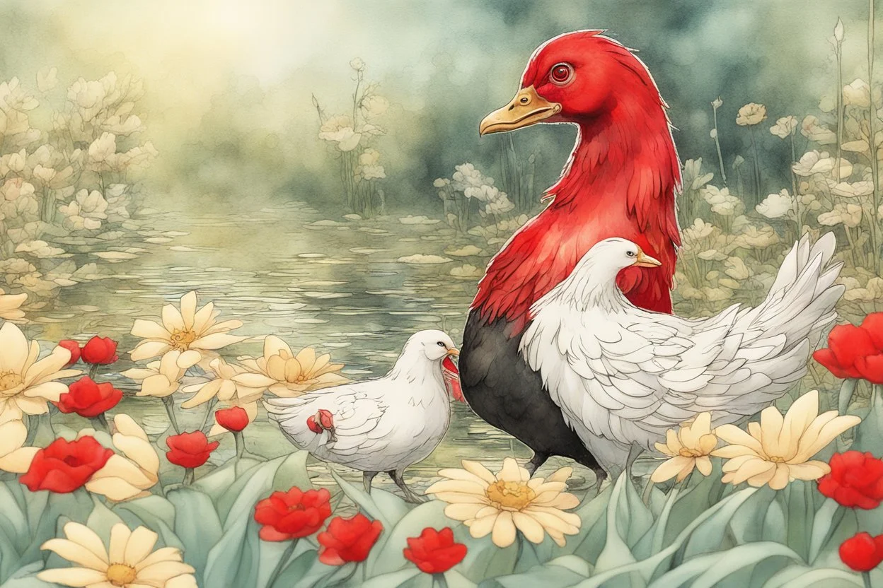 red and black chicken and small chibi duck in a flowergarden with beautiful flowers, pond, in sunshine, H.R. Giger, anime, steampunk, sürreal, watercolor and black in outlines, golden glitter, ethereal, cinematic postprocessing, bokeh, dof