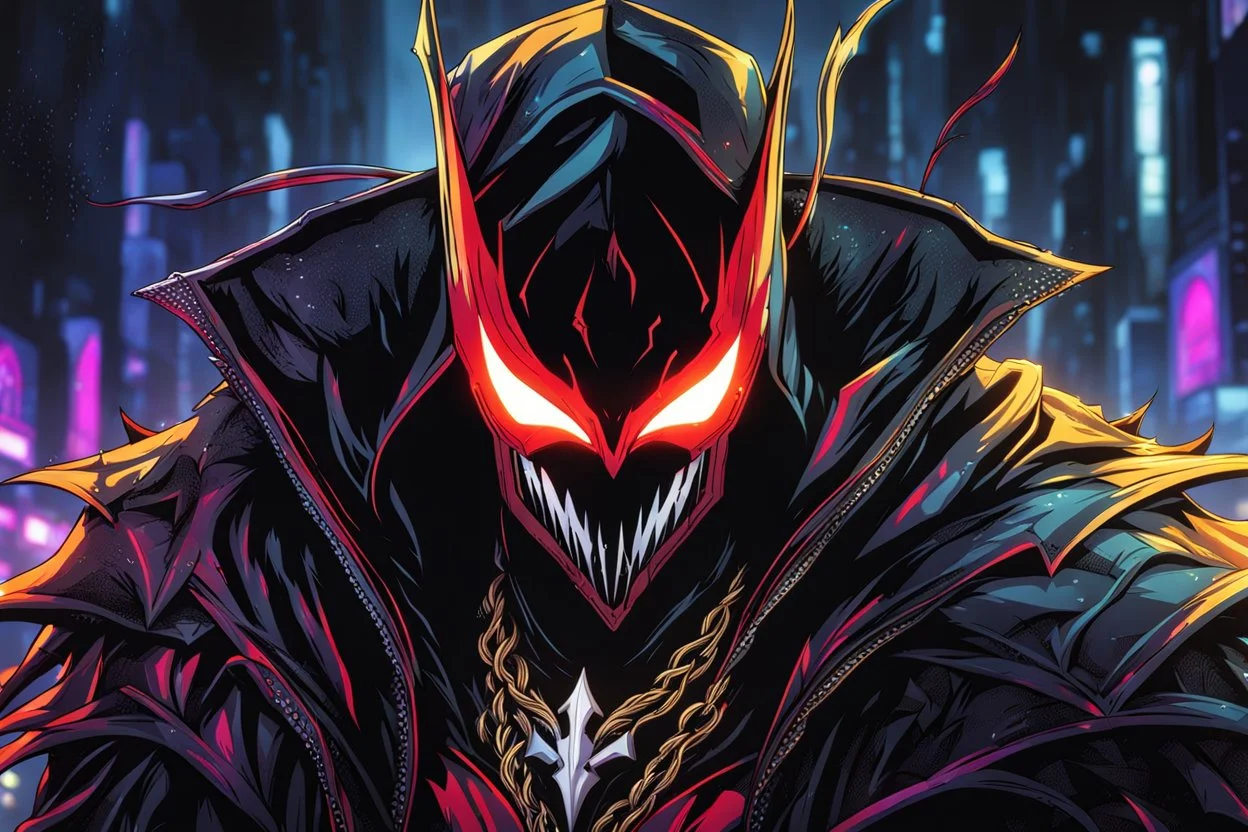 Spawn in 8k solo leveling shadow drawing style, close picture, rain, neon lights, intricate details, highly detailed, high details, detailed portrait, masterpiece,ultra detailed, ultra quality