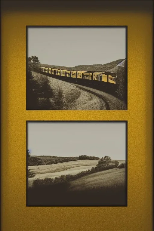 platinum outline of a train on gold paper, high contrast, beautiful countryside landscape, detailed full-color, nature, HD photography, Franz Von Holzhausen