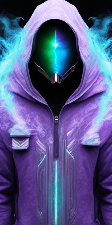 purple galaxy masked hooded super villain, weapons in hands, teal and purple smoke, full portrait, hyper realistic, 4k