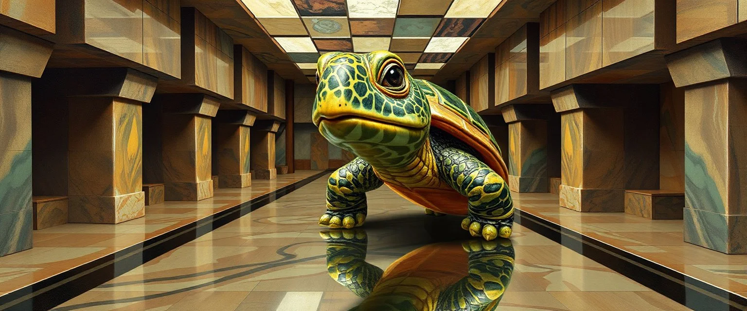 master oil painting by Rembrandt, reflective marble madness turtle character portrait, a living bowling marble halls with slightly tilted floor in a twisted block maze, scenery from the game "marble madness", crystal birds