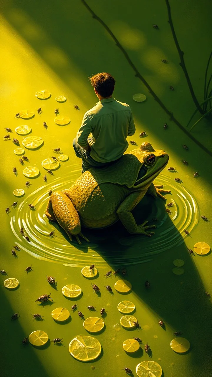 A light yellowish dark green swamp with bugs in daylight painted, a man riding on a back of a frog