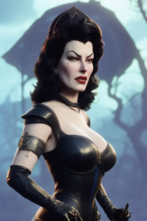 Ava Gardner as evil queen in black leather, busty, cleavage, curvy, angry, stern look. character design by cory loftis, fenghua zhong, ryohei hase, ismail inceoglu and ruan jia. unreal engine 5, artistic lighting, highly detailed, photorealistic, fantasy