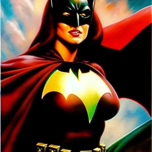 portrait oil on canvas, beautiful busty BatWoman,green eyes, ,minimal armor,comic book cover, mystical colors,insanely detailed,realistic,intrincate detail, 16k resolution, masterpiece,Frank Frazetta,Alex Horley, Simon Bisley