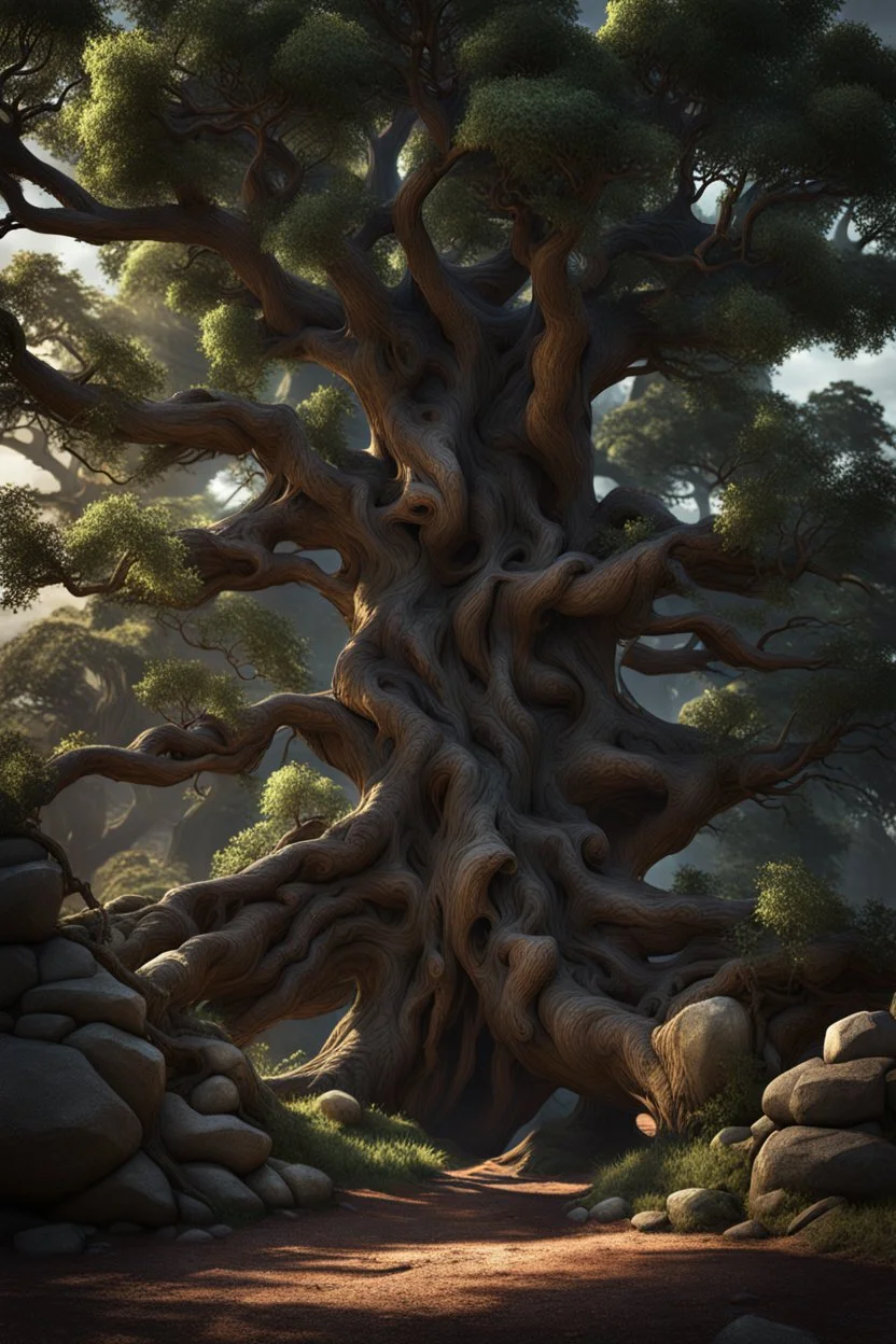 At huge tree. One side is The tree of death and the other side is the tree of life. Cinematic lighting, Volumetric lighting, Epic composition, Photorealism, Very high detail, Character design, Unreal Engine, Octane render, HDR, Subsurface scattering, fantasy art,