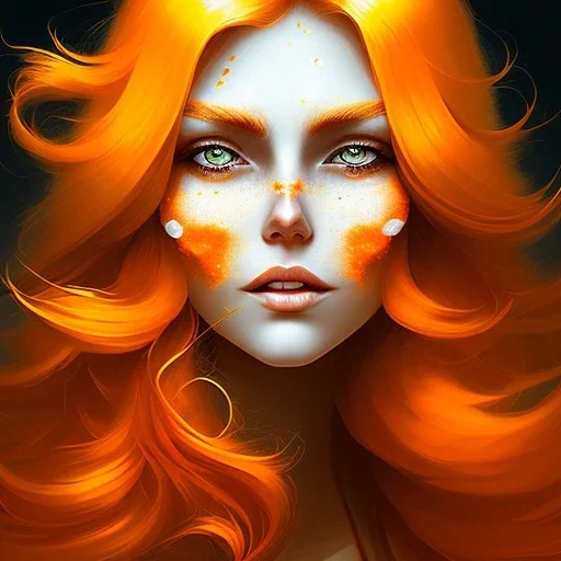 fantasy setting, woman, {orange and white} hair, wavy hair, freckles, ranger, more orange hair, more white hair