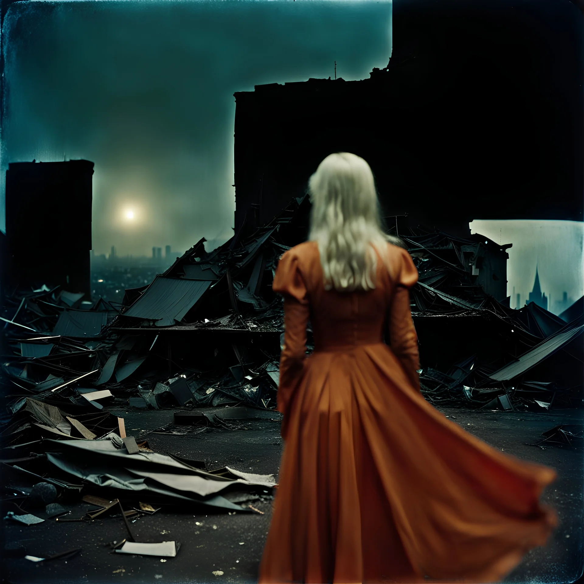 Photorealistic polaroid nothingness and distressing anguish ruined city night Max Ernst Hieronymus Bosch, shot on Hasselblad, movie shot, details of the dress accentuated, nightmare, hypermaximalist