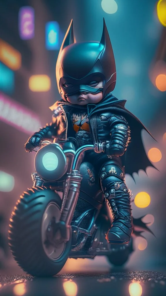 A Sharp Kawaii tiny hyper realistic baby batman riding mini harley davidson, wearing bikers clothes with freestyle action, night of cyberpunk city background. wide angle full body, 8k, Cinematography, photorealistic,epic composition Unreal Engine,Cinematic, Color Grading, Portrait Photography,Ultra-Wide Angle, Depth of Field, hyper detailed