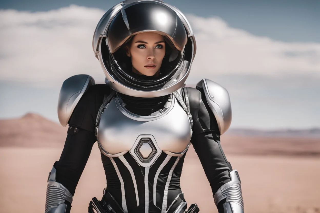 photo of a Sci-fi woman, wearing a silver and black spacesuit looking like an android with no helmet, on an alien planet