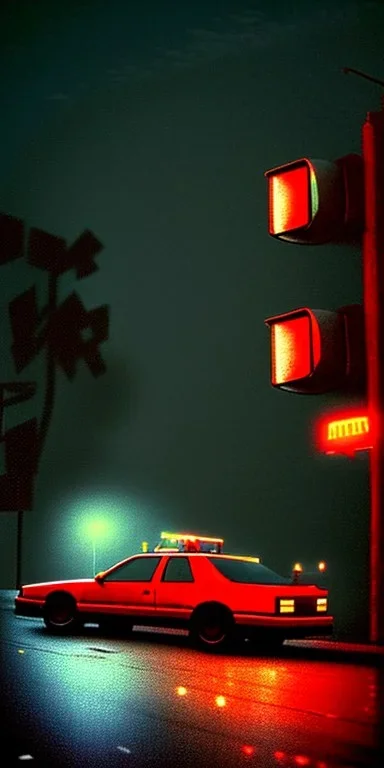 A 1990s car standing in front of a red traffic light, empty street, Cairo, 1990s, night time, rain, winter, movie scene Nick Harris style