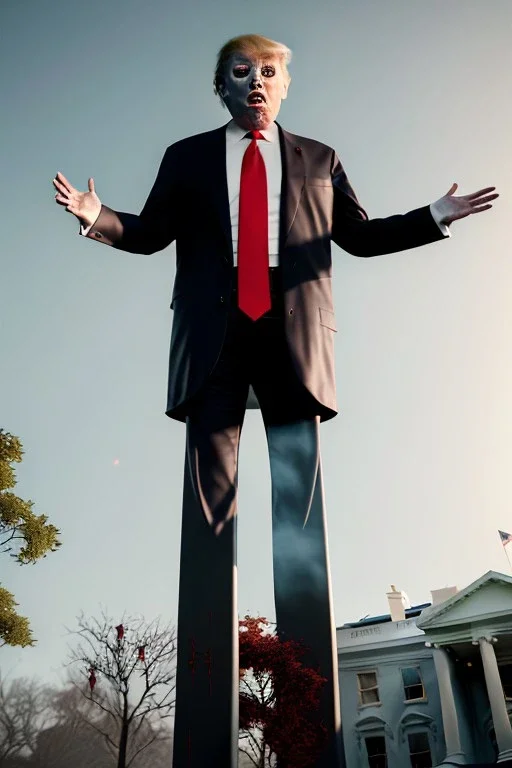 Ultra realistic image night, Donald trump zombie, suit, blood, torn arm, night, the walking dead style, dark ambient, highly detailed, White House background, concept art, unreal engine 5, ray tracing, RTX, ultra detail, volumetric lighting, high definition, high resolution.