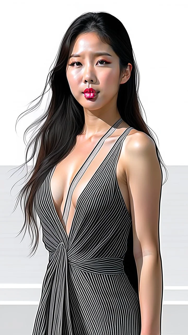 4K Photorealism : 30 year old Asian woman with a full body with a proportional body, symmetrical face, precise clean brown eyes, long flowing hair, precise chest accentuation, showing typical Japanese clothing