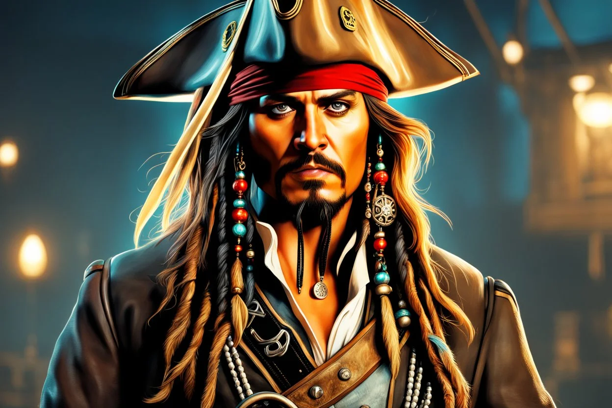 Johnny deep in 8k cgi game drawing style, Jack Sparrow them, pirate custom, close picture, rain, neon, intricate details, highly detailed, high details, detailed portrait, masterpiece,ultra detailed, ultra quality