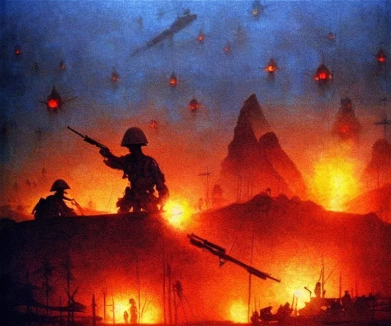 vietnam war. war. napalm. bokeh. lens flare. warm lights. high detailed. beksinski