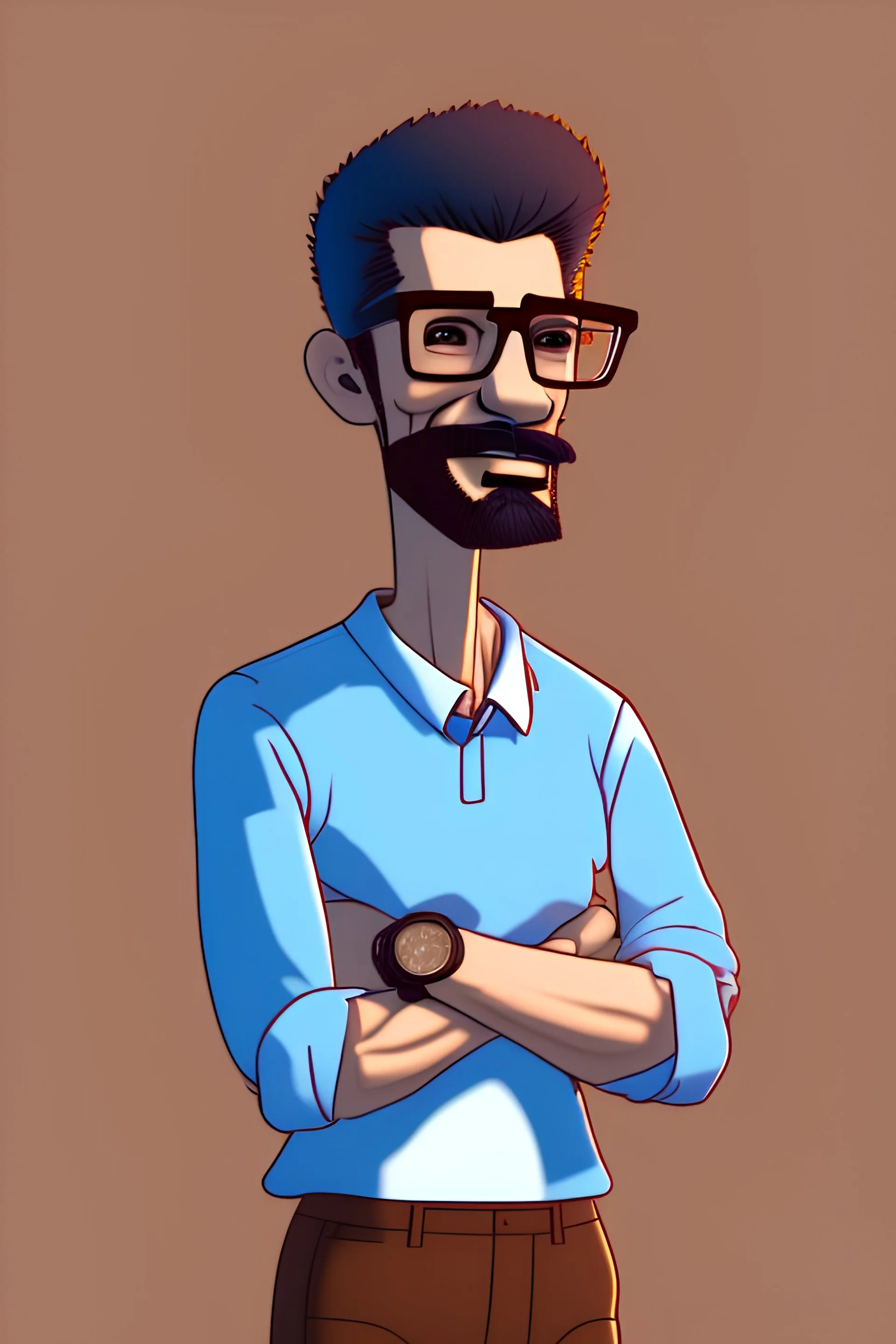 man, teacher, full body, midlife, front view, goatee, cartoon, brown shoe,cartoon, dreamlikeart, rzviceb6, adult, happy, rzviceb6, soft lighting, cinematic lighting, south american, skinny, glasses, skinny, south american, skinny, shirt blue, cool, thinning black hair, dark skinned