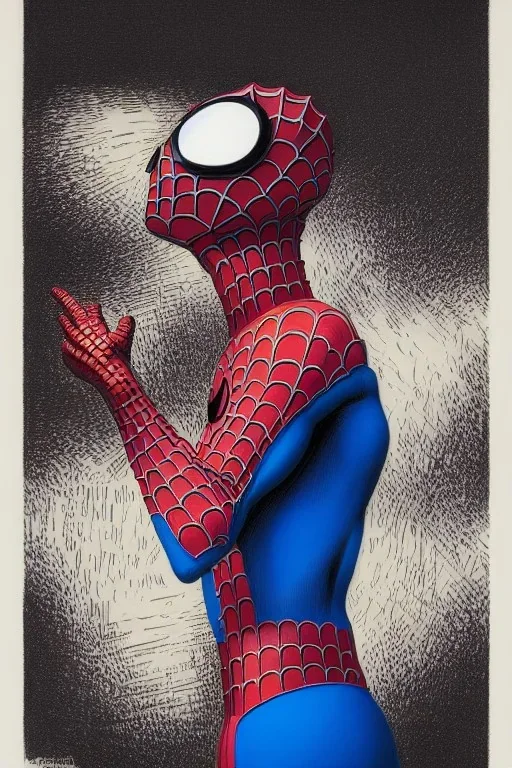 a vibrant ultraclear sideview waist up portrait of spiderman the robot by rene magritte and laurie greasley, etching by gustave dore, colorful flat surreal, ethereal, intricate, sharp focus, illustration, highly detailed, digital painting, concept art, masterpiece