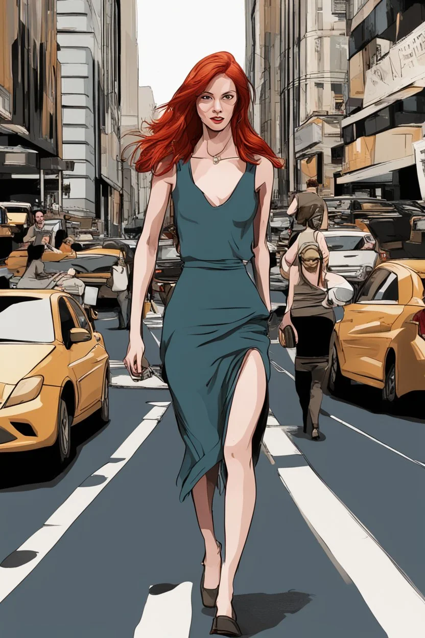 slim redhead woman walking across a busy street