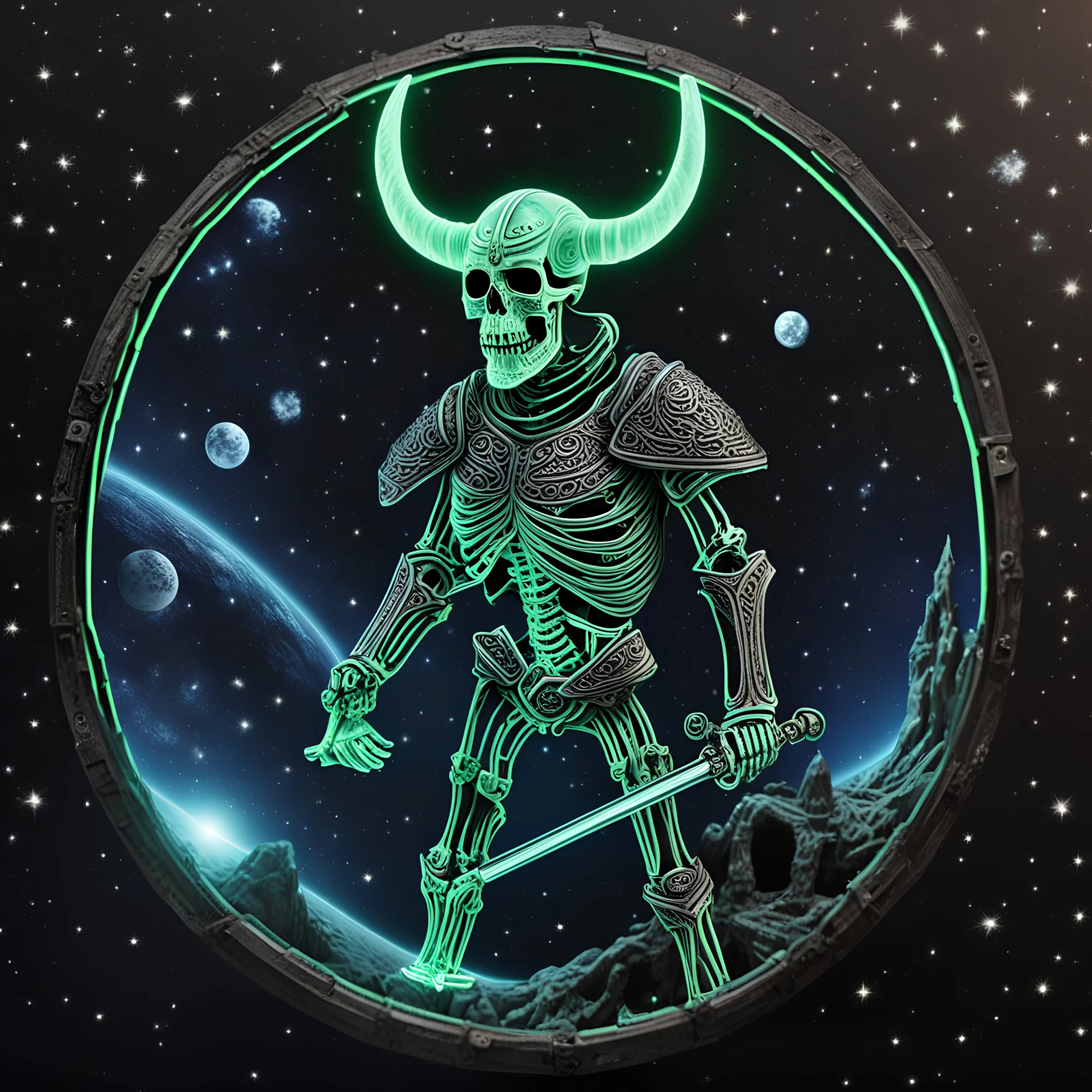 3D glow in the dark skeleton viking in space