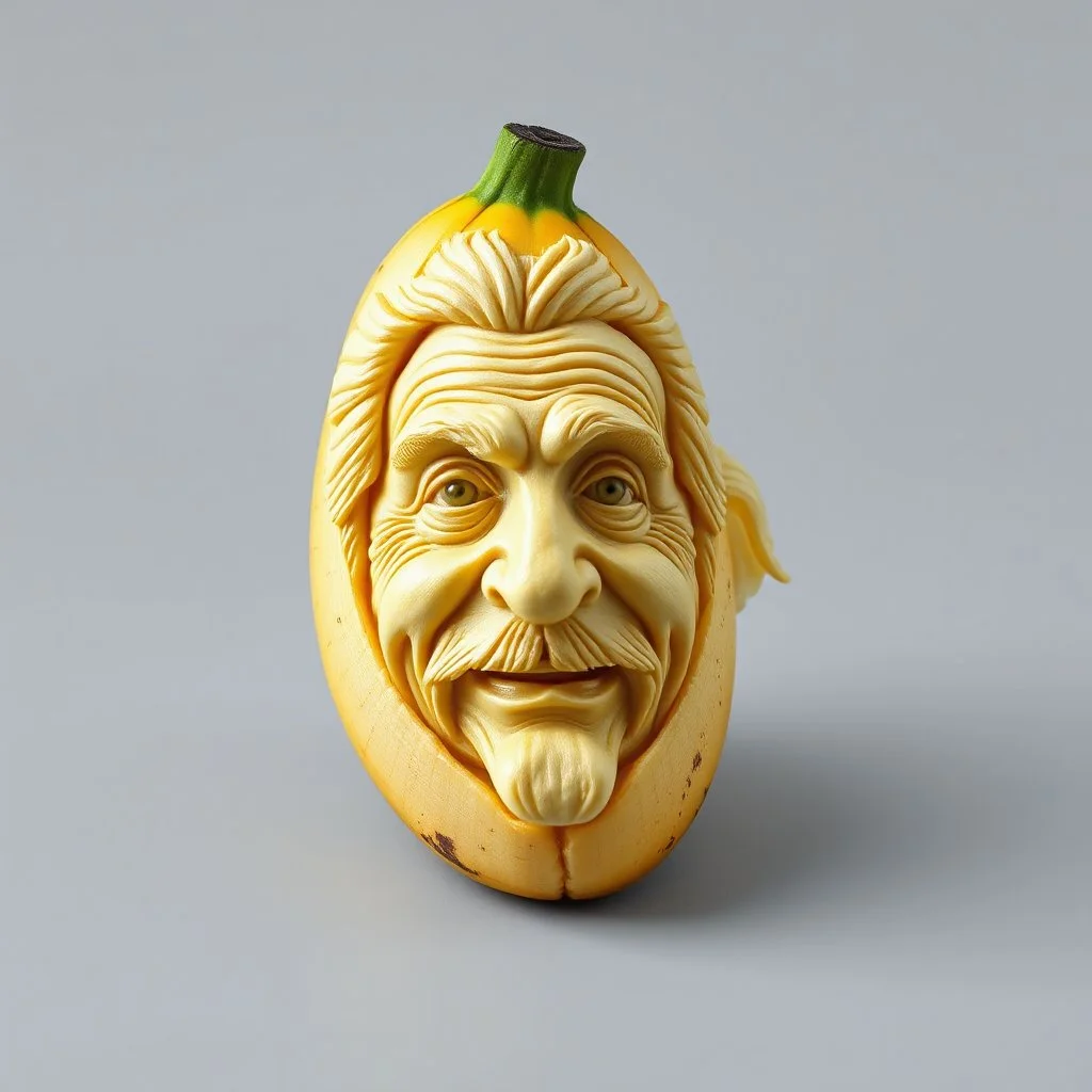 A high-resolution photograph of intricate carving of the face of Einstein carved into a peeled banana, surreal, profound,