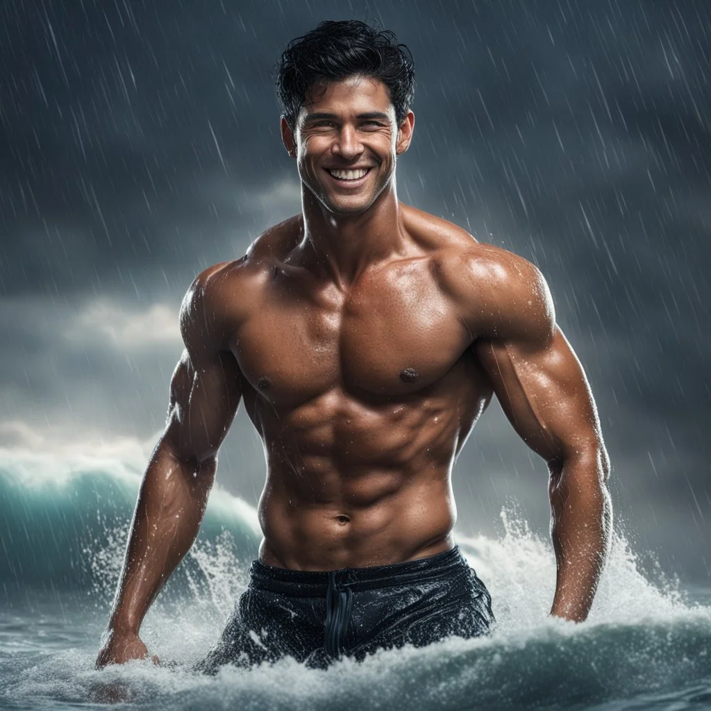 Hyper realistic very handsome shirtless muscular short black hair man smiling & surfing on sea at rainy night with thunderstorm