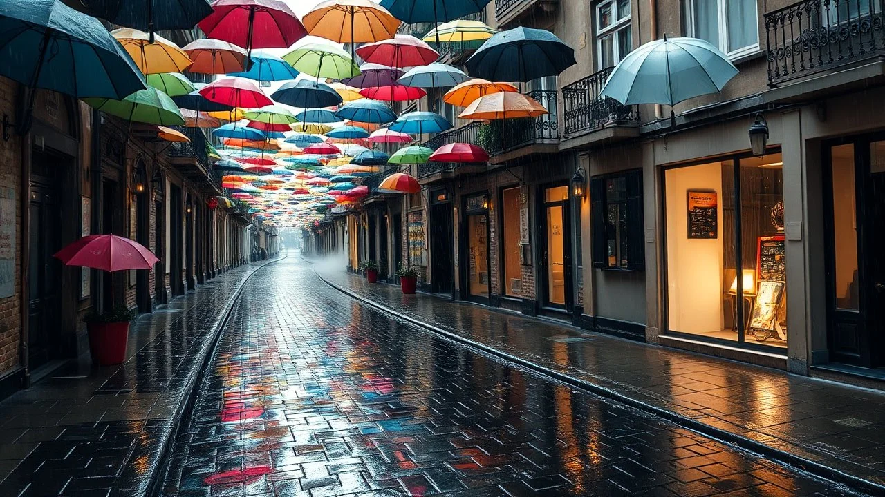 Narrow cobbled street in an old town under heavy rain, a multitude of colorful umbrellas creating a living mosaic, wet reflections on the shiny pavement, traditional facades with wrought iron balconies, puddles reflecting diffused lights, steam rising from the wet asphalt, intimate and cozy atmosphere, urban impressionism style