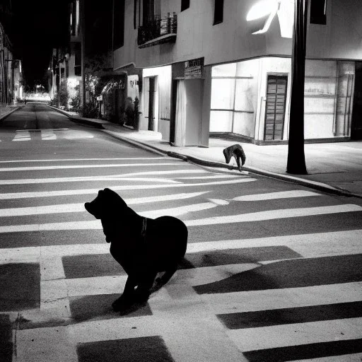 At midnight, a big and brutal dog in the sidewalk is barking at strangers in the street. Some cars run fast on the road.