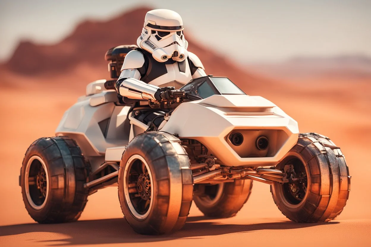 lowpoly storm trooper bear driving highly symmetric metallic rocket propelled mad max ATV that looks like a helmet with rounded glass bubble roof in red desert, bokeh like f/0.8, tilt-shift lens 8k, high detail, smooth render, down-light, unreal engine, prize winning