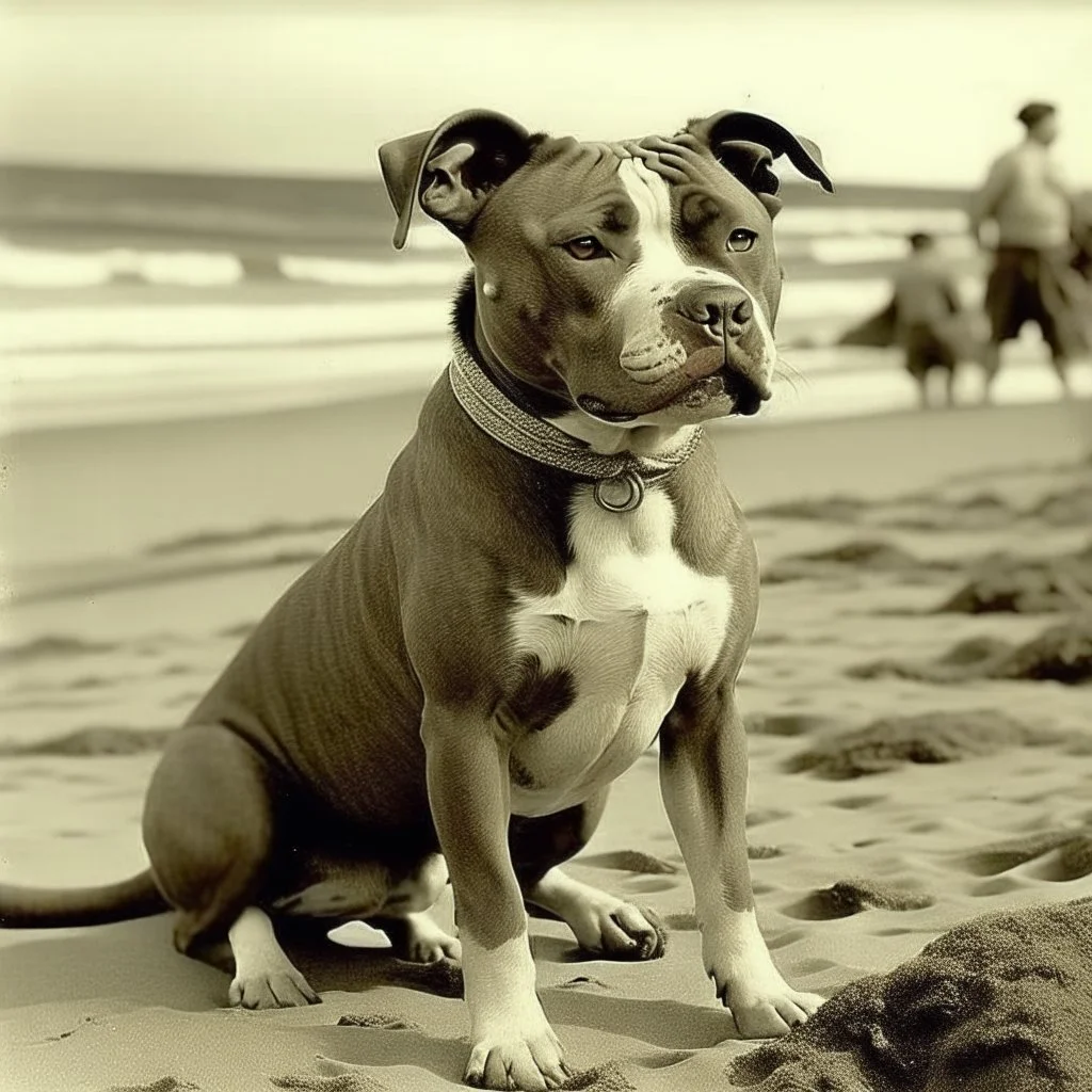 A vintage photo of a Pitbull on a beach